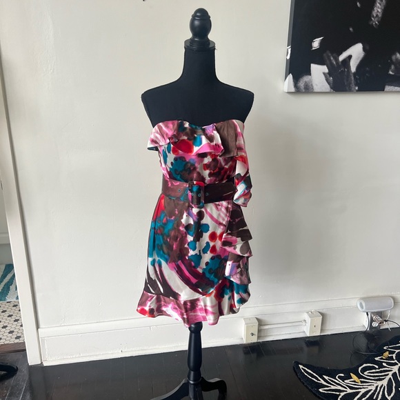 Express Silk Strapless Ruffle Mini Dress with Belt - Picture 3 of 10